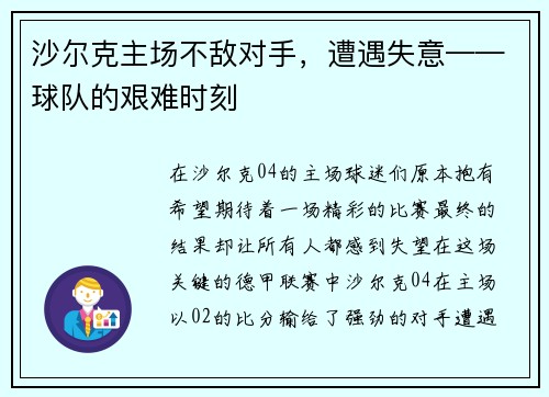 沙尔克主场不敌对手，遭遇失意——球队的艰难时刻