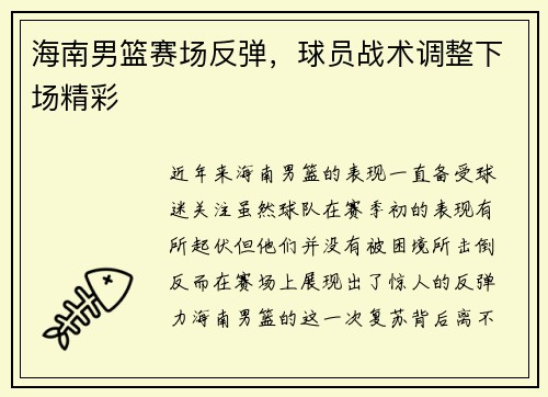 海南男篮赛场反弹，球员战术调整下场精彩