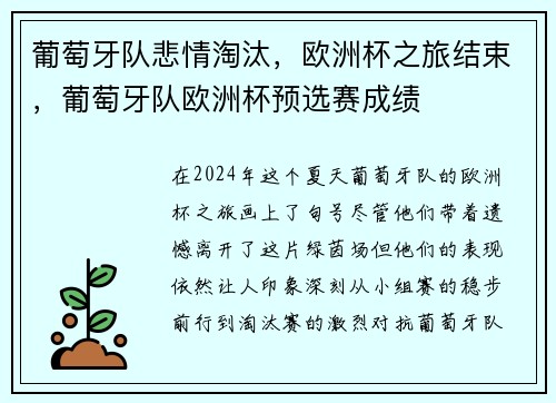 葡萄牙队悲情淘汰，欧洲杯之旅结束，葡萄牙队欧洲杯预选赛成绩