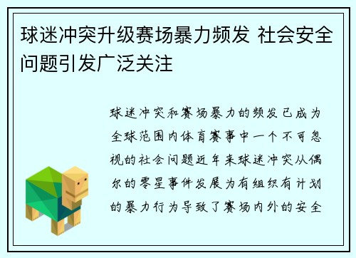 球迷冲突升级赛场暴力频发 社会安全问题引发广泛关注
