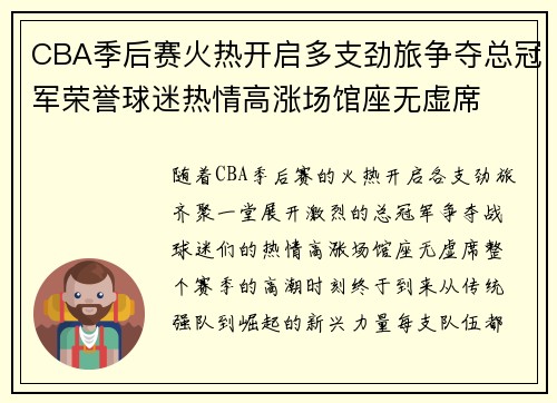 CBA季后赛火热开启多支劲旅争夺总冠军荣誉球迷热情高涨场馆座无虚席