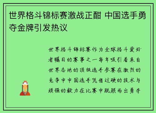 世界格斗锦标赛激战正酣 中国选手勇夺金牌引发热议