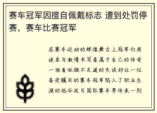 赛车冠军因擅自佩戴标志 遭到处罚停赛，赛车比赛冠军