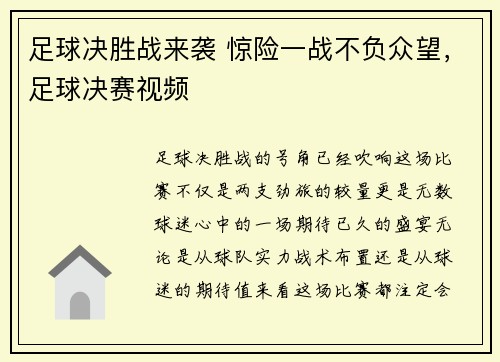 足球决胜战来袭 惊险一战不负众望，足球决赛视频