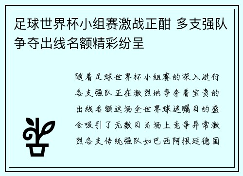 足球世界杯小组赛激战正酣 多支强队争夺出线名额精彩纷呈