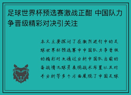 足球世界杯预选赛激战正酣 中国队力争晋级精彩对决引关注