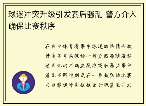球迷冲突升级引发赛后骚乱 警方介入确保比赛秩序